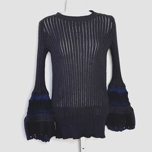 Sacai Bell Sleeve Crochet Knit Sweater Black/Navy Ruffles Avant Garde Luxe Sz 1